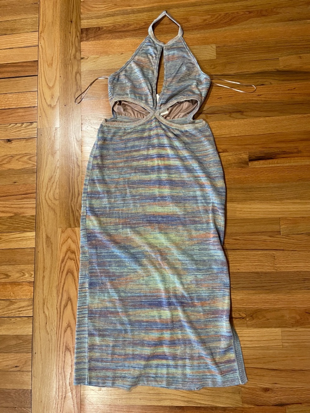 Anthropologie SUBOO Halter Cutout Midi Dress in Multicolor Stripes.